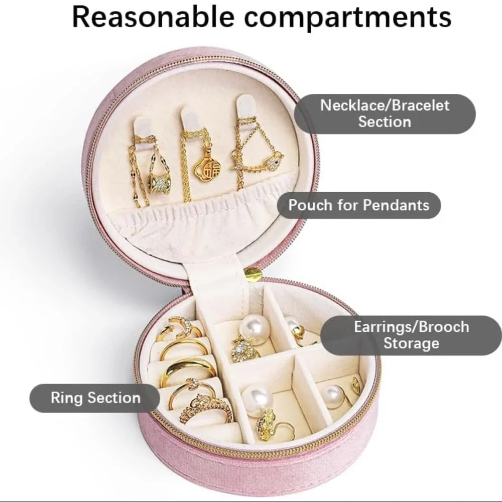 💞 New Round Pink Travel Jewelry Box Organizing Case